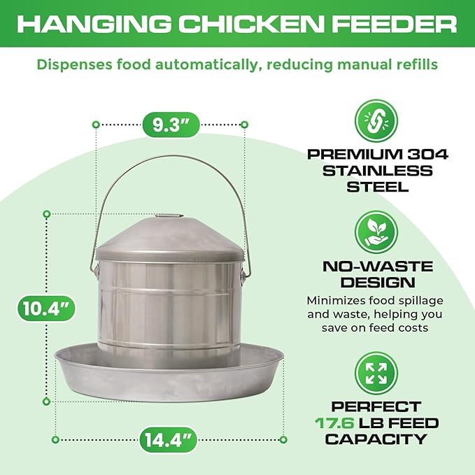 Plexon 17.6 Lb Stainless Steel Hanging Chicken Feeder no Waste Food-Grade Large - Turkey Duck Poultry Feeder for Chicken Metal - Heavy Duty Reliable Long-Lasting with Handle