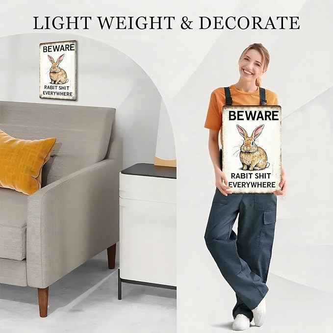 Easter bunny Tin Sign Retro Fun Metal Sign BEWARE RABBIT SHIT EVERYWHERE for Home Living Room Garden Yard Outdoor Wall 8X12Inch