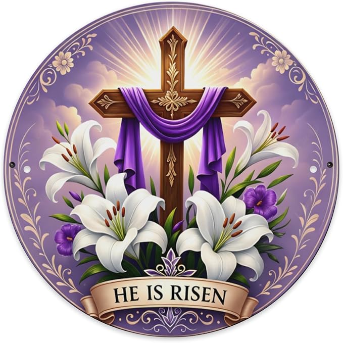 He is Risen Metal Sign for Front Door Decor Religious Cross Easter Hanging Door Decorations, Farmhouse Flower He is Risen Roundr Sign Hanger for Home Spring Wall Indoor Outdoor Decorations