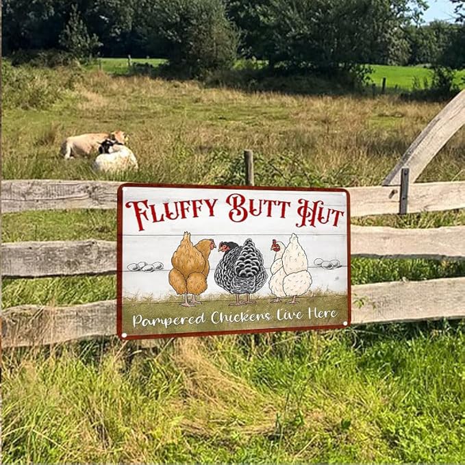 Fluffy Butt Hut Metal Tin Sign Funny Chicken Coop Sign For Home Decor Kitchen Decoration Wall Art Farm Farmhouse Vintage Decor Chicken Coop Accessories 12X16 Inch