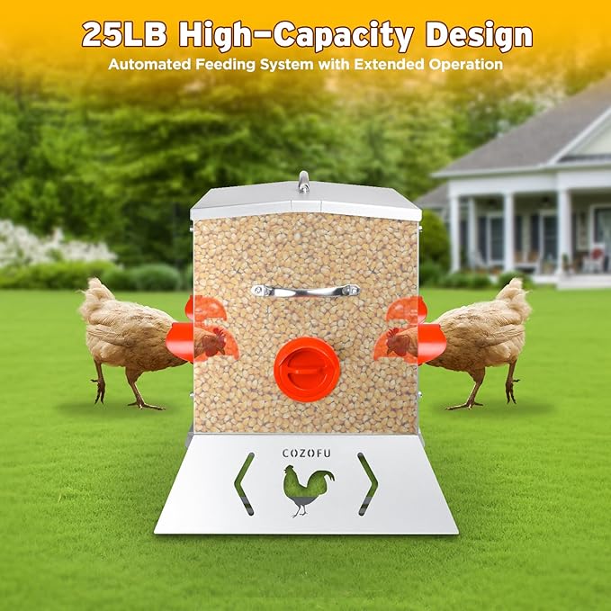 25 Pounds Automatic Chicken Feeder 6 Ports Large Gravity Fed Chicken Feeder with Transparent Window & Handle for Chickens Bantams Pheasants Poultry Coop Weatherproof