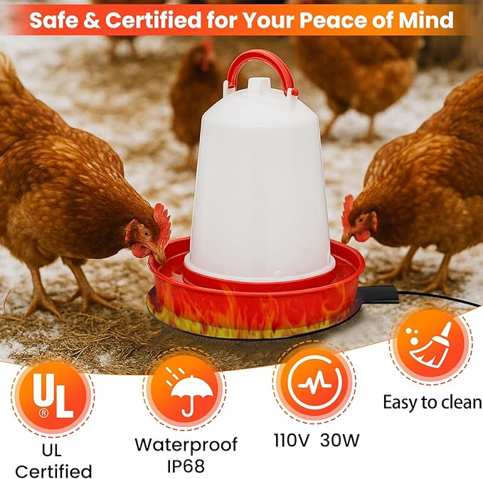 Heated Chicken Waterer, 6" Waterer with Heater 1–5 Gallon, Chicken Water Heater for Winter, Heated Base for Metal or Plastic Waterers