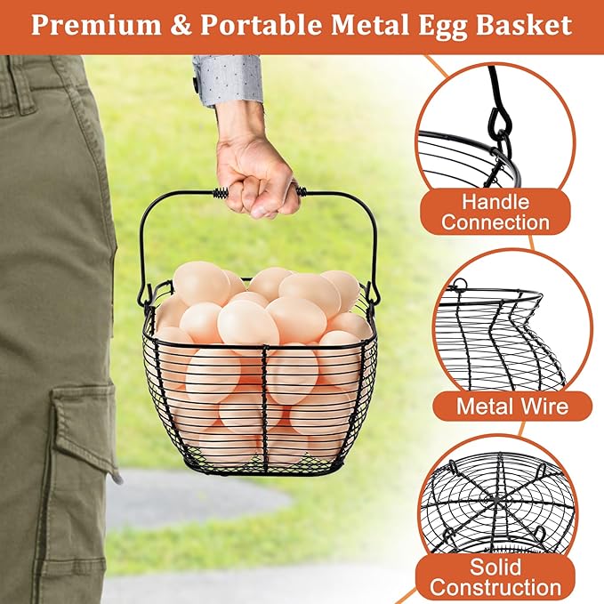 2 PCS 7" Black Square Wire Egg Baskets for Fresh Egg With Handle, Small Metal Collecting Basket for Gathering Fresh Eggs, Chicken and Duck Eggs Hunting Basket Egg Holder Countertop