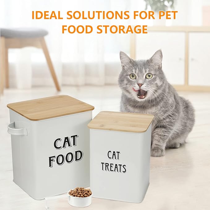 Pethiy Cat Food and Treats Containers Set with Scoop for Cats or Dogs -Tight Fitting Wood Lids - Coated Carbon Steel - Storage Canister Tins-Cat-White