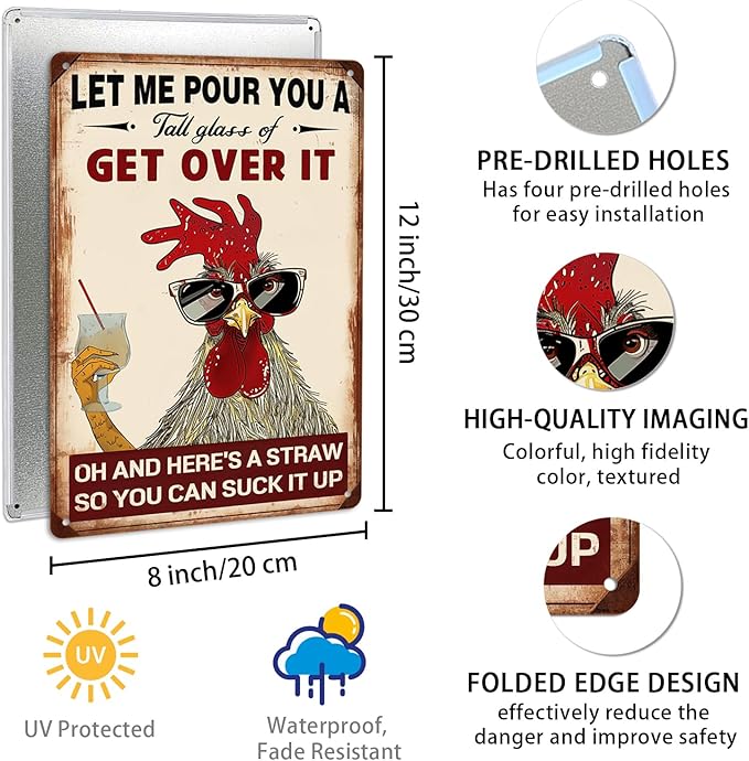 Get Over It Oh Metal Sign - Humorous Chicken Coop Decor - 8x12 Inch