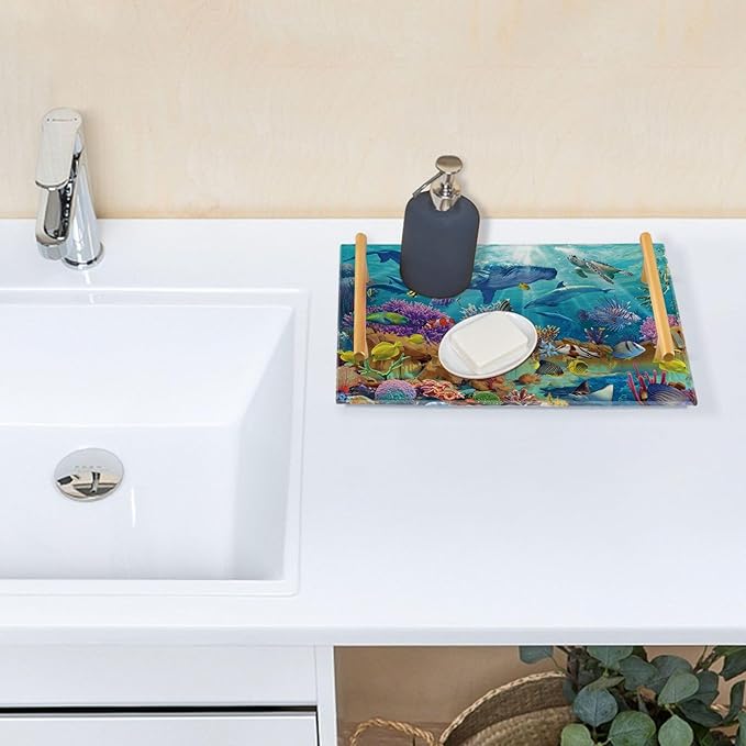 Bathroom Vanity Tray Counter Organizer, Vibrant Underwater Ecosystem Decorative Tray with Handles Countertop Storage for Bathroom Bedroom Kitchen Home Farmhouse