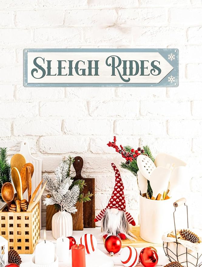 Sleigh Rides Metal Tin Sign Vintage Funny Christmas Sign for Cafe Home Bar Farmhouse Christmas Art Wall Decoration Retro Poster 4x16 Inch