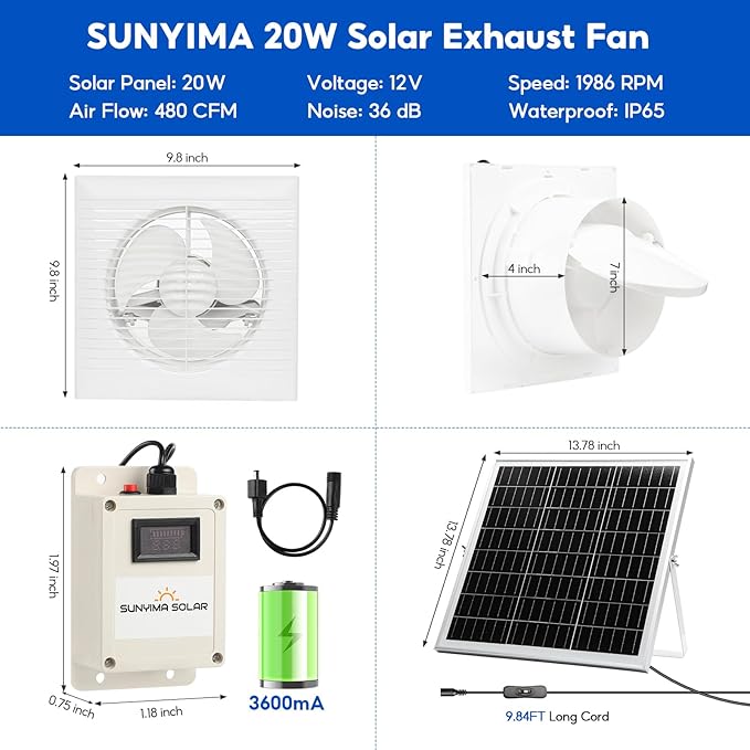 SUNYIMA Solar Powered Fan with Battery,20W Solar Panel Weatherproof+ 8'' Solar Exhaust Fan with 9.84Ft On/Off Cable for Greenhouse Circulation, Chicken Coop, Shed, Pet Houses, Ventilation