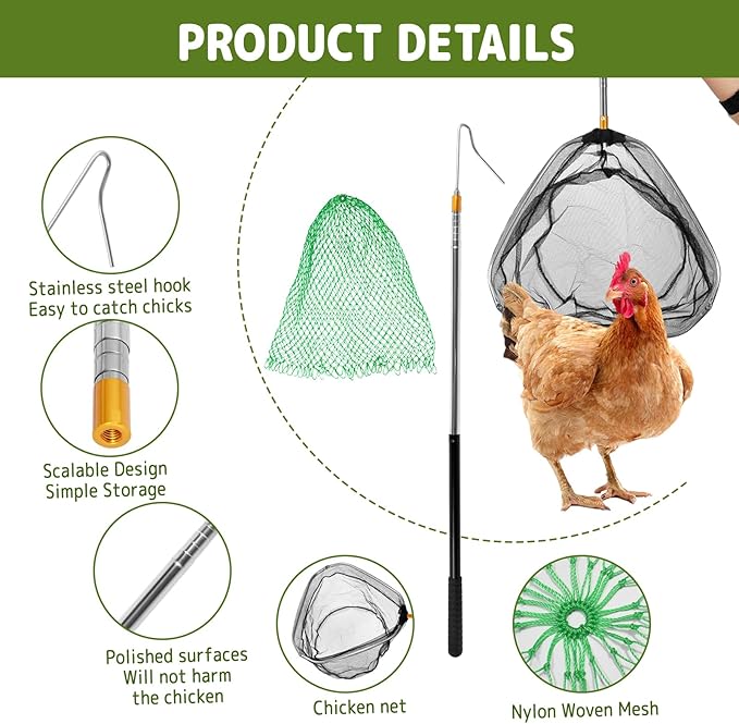 Adjustable Chicken Catching Net with Leg Hook – Stainless Steel Poultry Net, Fishnet,Suitable for Catching Outdoor Animals Such as Chickens, Ducks, Fishnet,Geese,Birds (2 Nets, 2 Pole Included)