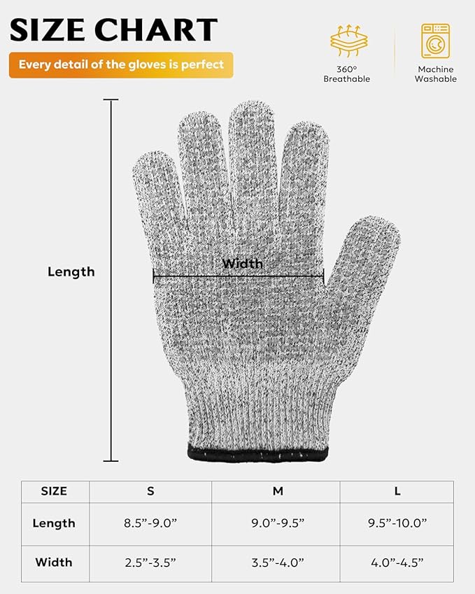 Evridwear Cutting Gloves Level 5 Cut Resistant, Food Safe Gloves with Non-Slip Grip for Kitchen, Meat Cutting & Mandoline Use, 2 Pairs(S, Gray+Gray)