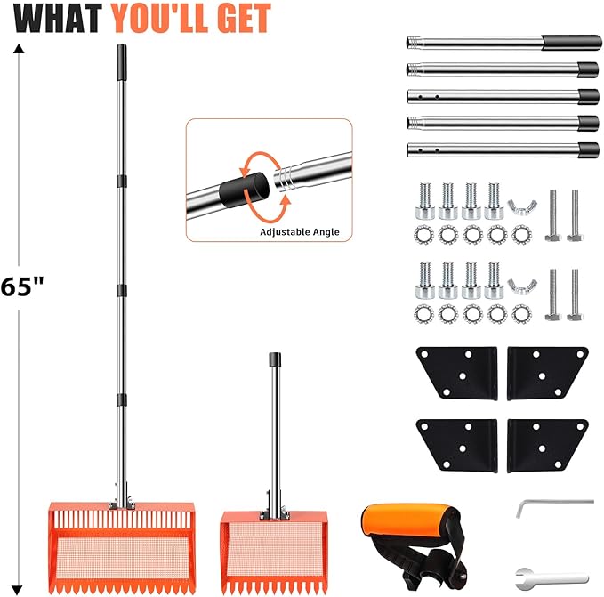 15/10'' Chicken Poop Scooper & Rake,4 IN 1 Chicken Coop Scoop with 2 Large Metal Shovel Heads,Chicken Coop Scooper for Sand,Chicken Scoop with Long Handle,Sifting Shovel for Chicken Coops(37 to 65in)