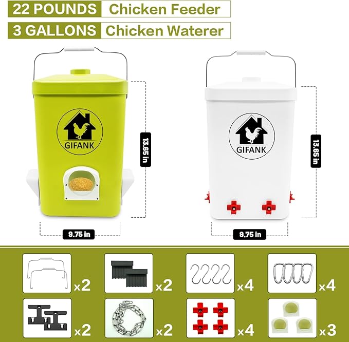 Chicken Feeder and Waterer Set,3 Gallon Automatic Chicken Feeder No Waste,Hanging Poultry Kit with Chicken Waterer Nipples and Feeding Ports,Coop Accessories