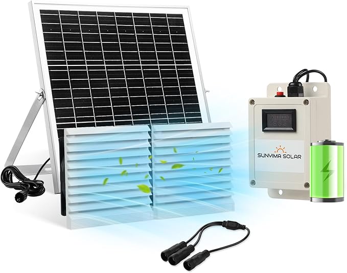 SUNYIMA Solar Fan with Battery,20W Solar Panel Powered Fan Kit with Waterproof Dual Exhaust Fans and 9.84ft Switch Cable for Chicken Coops, Sheds, Pet Houses, Greenhouse Air Circulation, Ventilation
