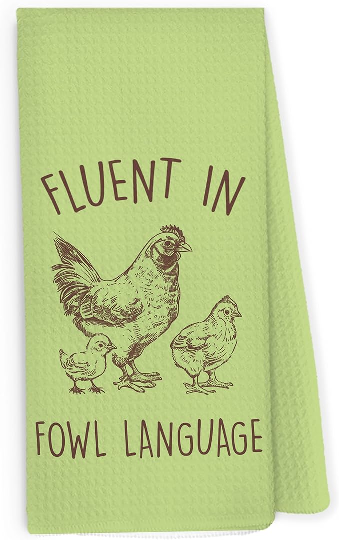 Funny Chicken Green Kitchen Dish Towels 16x24 Inch, Crazy Chicken Gifts for Chicken Mom, Fluent in Fowl Language Decorative Hand Towels Tea Towels for Farmhouse Home