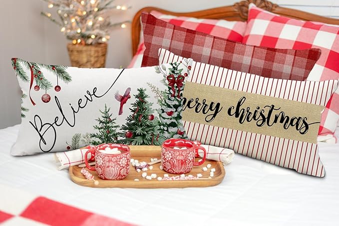 Christmas Pillow Cover 12X20 Inch Red Baubles Believe Christmas Tree Forest Bird Decoration Holiday Farmhouse Winter Pillow Case for Sofa Couch Decor