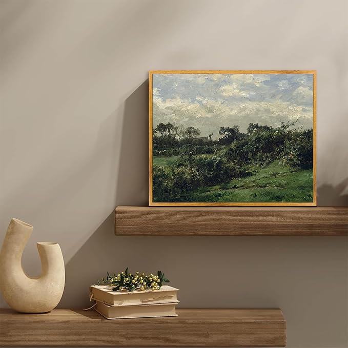 Vintage Farmhouse Poster Countryside Canvas Wall Art Rustic Scenery Picture Retro Landscape Artwork Antique Farmhouse Wall Art Green Scenery Picture Vintage Village Painting Wilderness Artwork 8x10in Framed