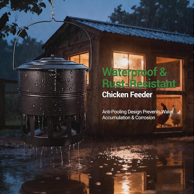 Metal Hanging Chicken Feeder No Waste, Rain-Proof Automatic Chicken Feeders, No-Spill Poultry Feeder, Rat Proof Gravity Chicken Feeder with 12 Ports for Farm & Backyard Chicken Coop
