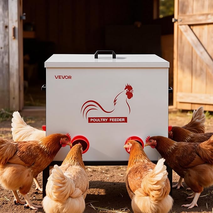 VEVOR Automatic Chicken Feeder, 85 lbs Capacity, 6 Feeding Ports No-Waste Poultry Feeder with Built-in Divider, with Latch & Handle, Metal Construction, for Chickens Bantams Pheasants Poultry Coop