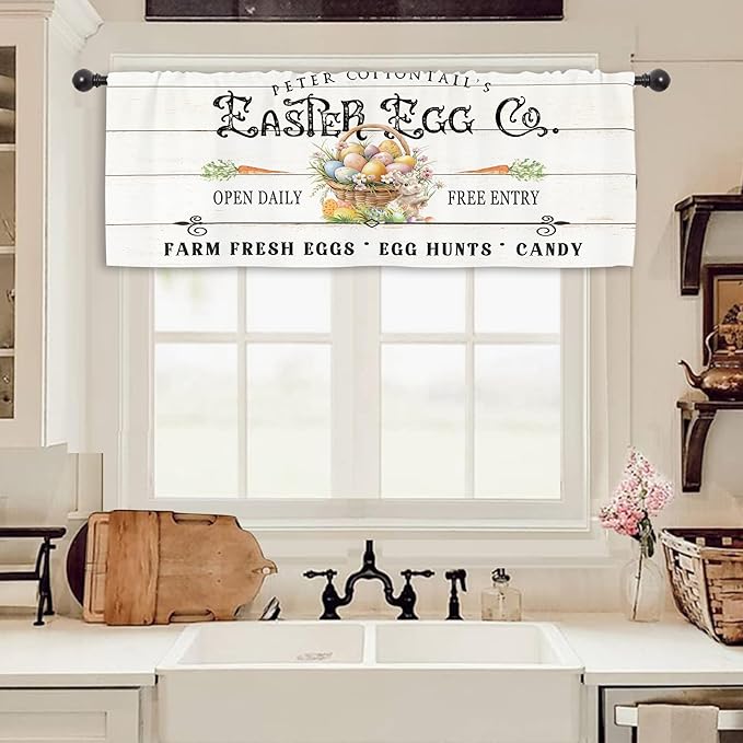 Miyotaa Rustic Easter Eggs Spring Kitchen Curtain Valance 54W x 18H Rod Pocket Farmhouse Rabbit Bunny Carrot Window Treatment for Living Room Bedroom Bathroom