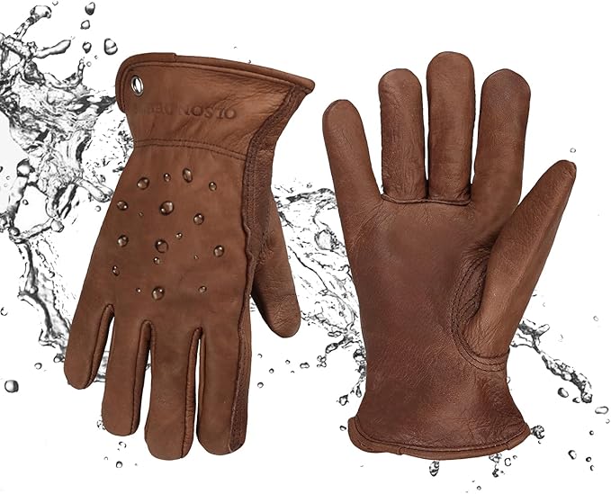 Men's Water Resistant Cowhide Leather Work Gloves for Construction,Gardening Gloves,Waterproof Mechanic Gloves