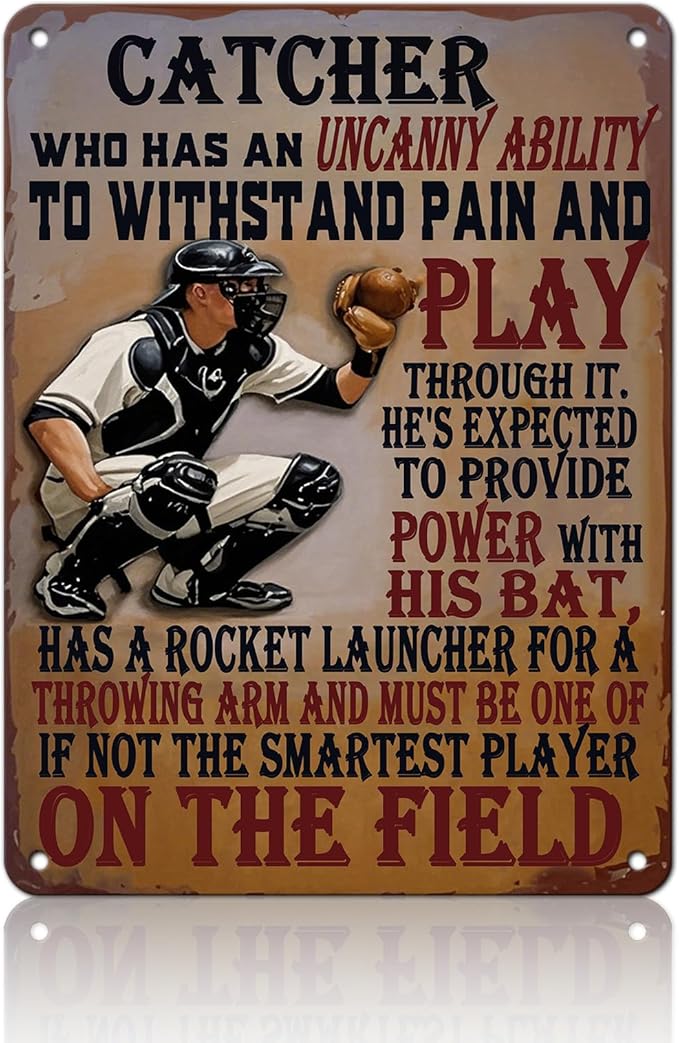 Baseball Catcher Metal Tin Sign Baseball Catcher Funny Sign Home Kitchen Wall Decor 12x16 Inch Funny Plaque
