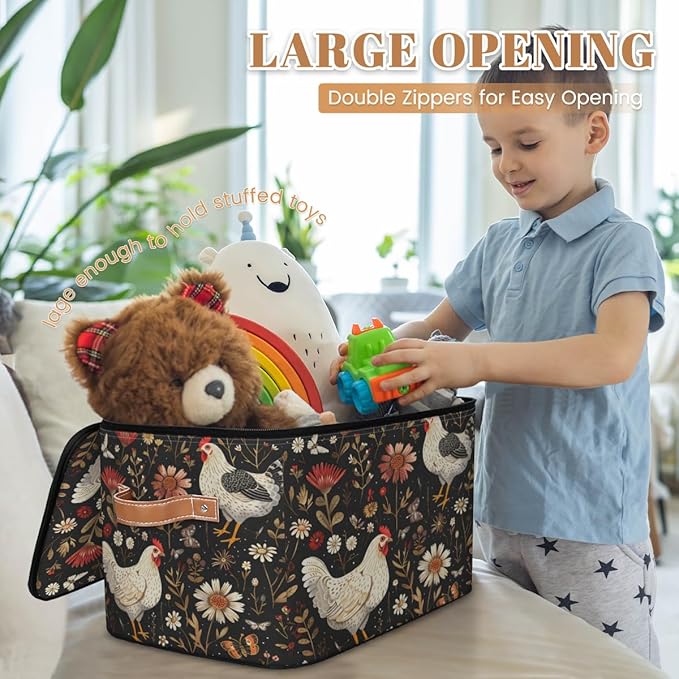 Farmhouse Chicken Storage Bins with Lids, Boho Wildflower Fabric Storage Boxes with Zipper, Collapsible Decorative Closet Organizer Cube for Clothes, Toys, Organizing, Shelves