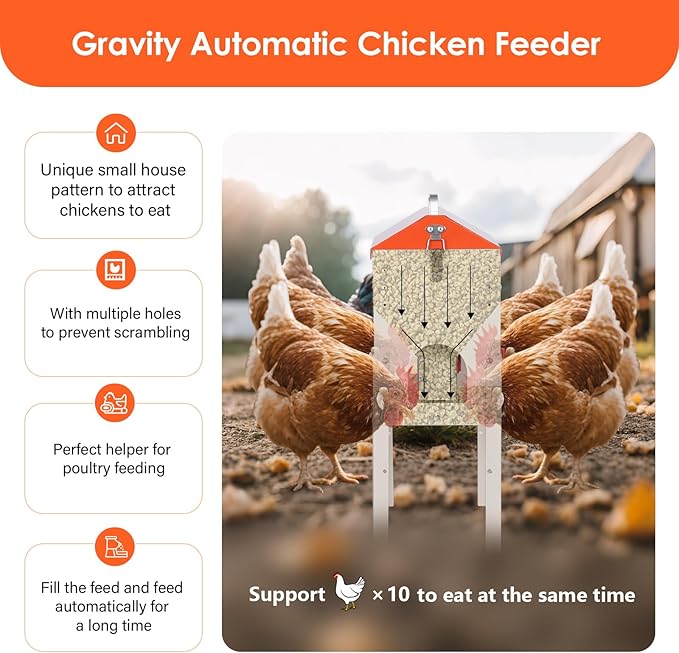 15lbs Automatic Chicken Feeder - 10 Feeding Ports, No Waste Poultry Feeder Large Feeding Though Dispenser for Chickens Duck Turkey Pheasant Chicken Coop