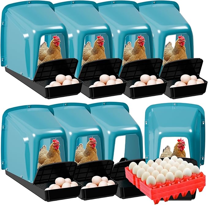 Roll Away Chicken Nesting Box with Egg Holder Tray, Plastic Hen Laying Box for Chicken Coop, Automatic Egg Collection Nest Box, Wall Mounted Nesting Boxes for Chickens, Easy Clean - Green 8 Pack