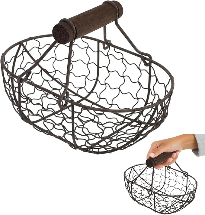 Rustic Wire Egg Basket for Fresh Eggs Gathering, Farmhouse Metal Eggs Holder with Wood Handle, Vintage Kitchen Countertop Storage Basket for Fruits Vegetables Bread, Black Wire