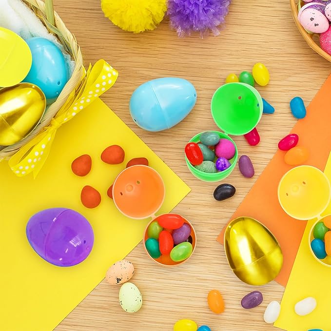 Bvrbaory 100 Pcs 2.4" Fillable Easter Eggs,Bulk Plastic Hinged Empty Eggs,Bright Colorful Easter Egg,Assorted Colors for Easter Egg Hunt,Basket Stuffers,Party Favors,Treasure Box,Classroom Prizes