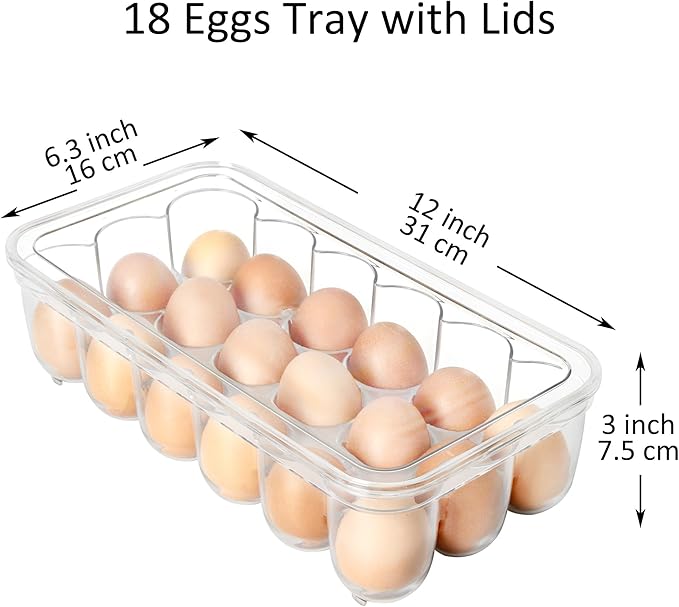 Youngever 2 Pack Stackable Plastic Egg Holders, Clear Fridge Organizer with Lids, 2 Sets 18 Eggs Trays