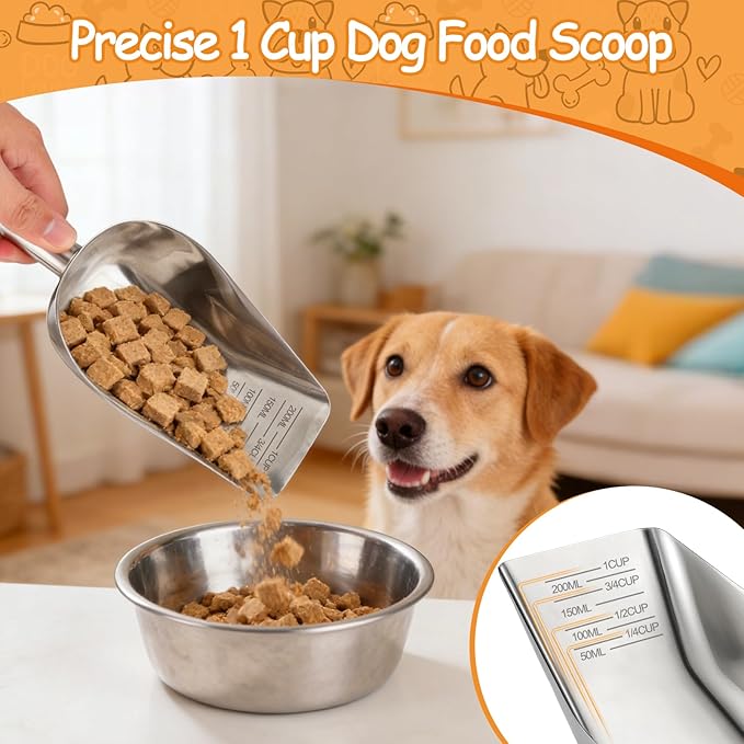 Palksky Dog & Cat Food Scoop, 1 Cup Stainless Steel Pet Food Measuring Cup with Long Handle, Precision Scale, Easy to Clean for Wet or Dry Food, 2 Packs