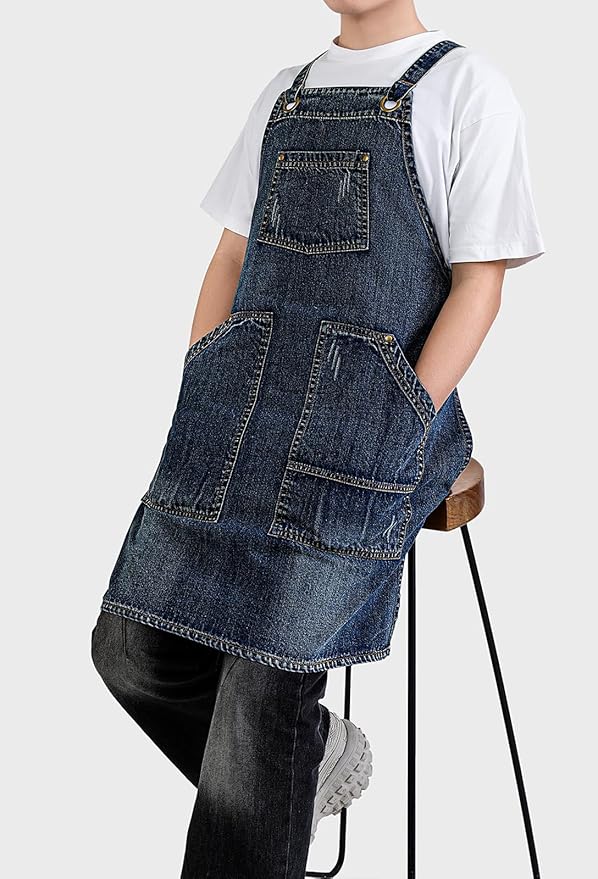 Cotton Denim Apron Soft - Unisex Adjustable Bib Apron with 5-Pockets Perfect for Kitchens