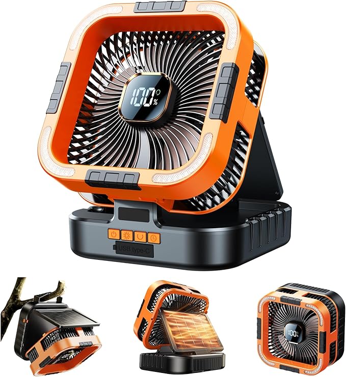 Solar Camping Fan with Light-10000mAh Rechargeable Portable, 6 Speeds, Digital Display, Timer, 120° Oscillation, Cordless Battery Powered Fan for Home Outdoor Tent Travel BBQ Fishing (Orange)