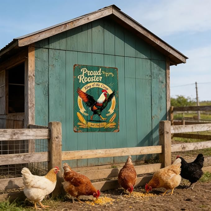 Funny Rooster Sign Pround Rooster King of the Coop Rustic Tin Sign for Home Farm Chicken Coop Decor 16x12 Inch