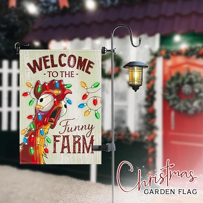 Christmas Welcome Flag - Fun Xmas Farmhouse Animal with Holiday Lights Garden Flags - Rustic Chicken Coop Décor Outside - Welcome to the Funny Farm Sign