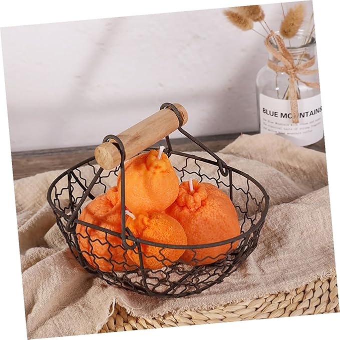2pcs Iron Fruit Basket with Wooden Handles, Vintage Farmhouse Style Egg and Snack Storage Baskets, Small Gray-black Metal Kitchen Pantry Organizer