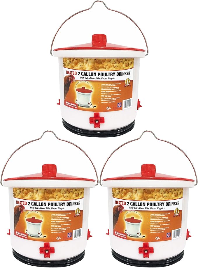 Farm Innovators 3 Pack Heated Chicken Waterer, Poultry Drinker Bucket, 2 Gallon