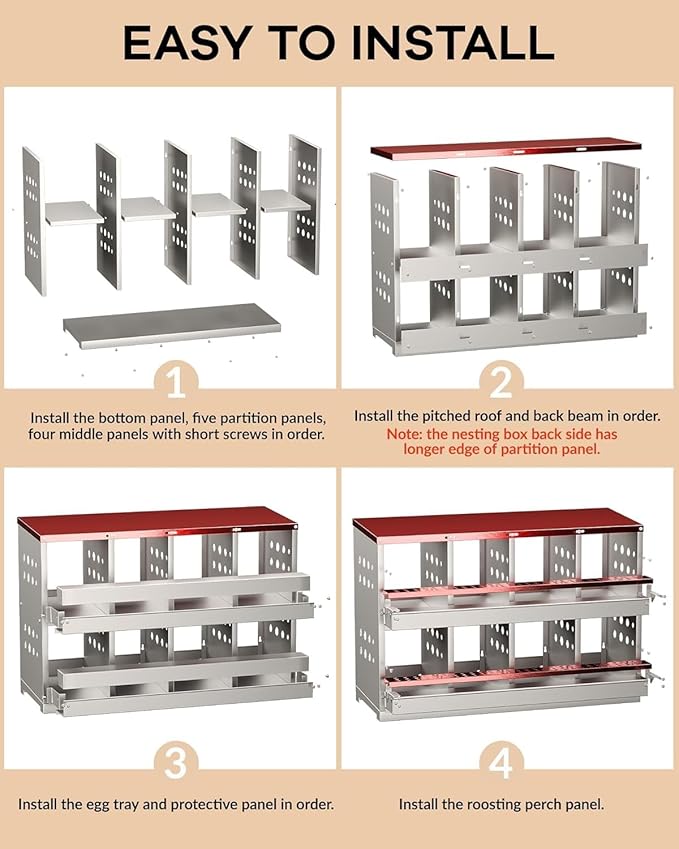 8-Compartment Galvanized Metal Chicken Nesting Box – Roll Away Egg Tray, Rustproof, Perch, 8 Training Eggs – Waterproof Ventilated Coop Accessory – Red