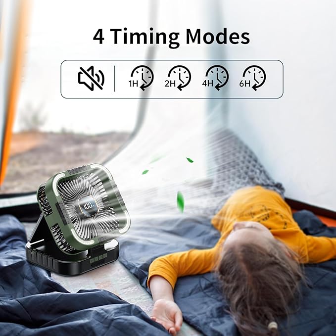 Solar Camping Fan with Light-10000mAh Rechargeable Portable, 6 Speeds, Digital Display, Timer, 120° Oscillation, Cordless Battery Powered Fan for Home Outdoor Tent Travel BBQ Fishing (Green)