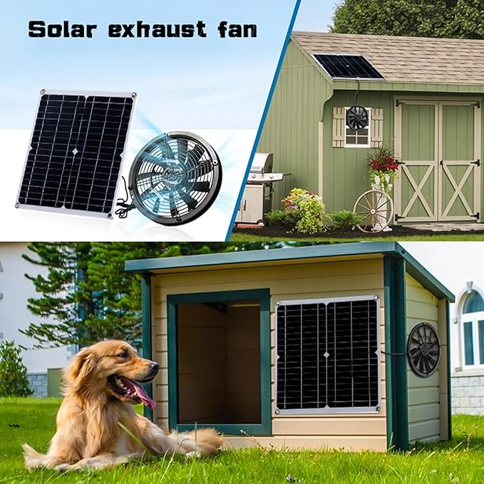 9.8in Solar Exhaust Fan Kit with 30W Solar Panel, Portable IP65 Waterproof Ventilation System for Greenhouse, Chicken Coop, Shed, Dog House - High Airflow, Durable ABS Material,