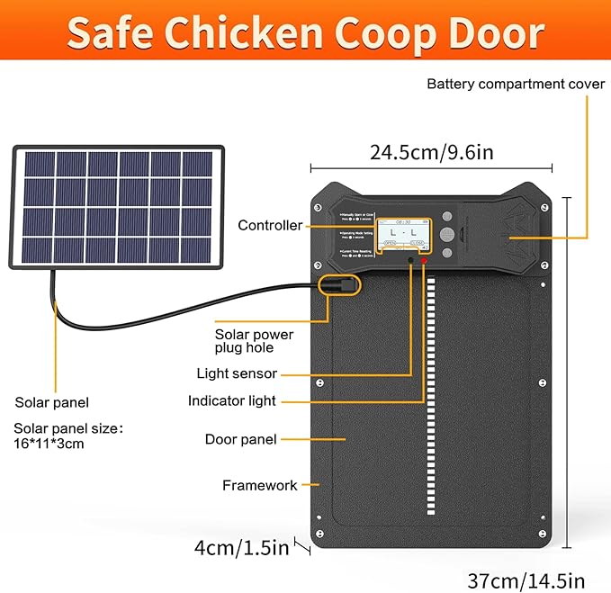 Automatic Chicken Coop Door, LCD Display Aluminum Alloy Automatic Chicken Door with Timer & Light Sensor, Anti-Pinch & Weather Proof, Solar or Battery Powered