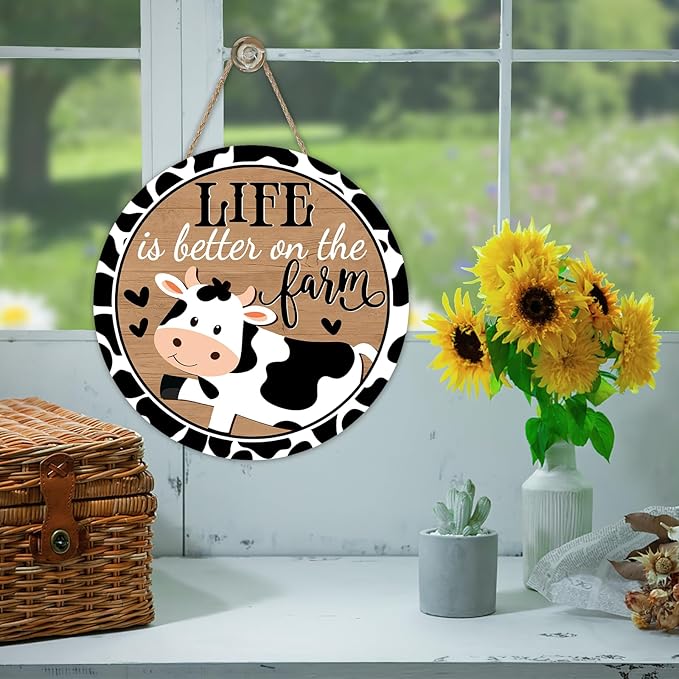 Funny Life is Better on The Farm Cow Print Front Door Sign, Vintage Farmhouse Animals Country Barn Wood Hanger Outdoor Home Decor, Rustic Wooden Wreath Indoor Wall Hanging Decoration Farm Gift