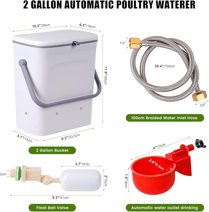 Automatic Chickens Waterer with Float Valve, 2 Gallons Poultry Water Feeder Drinking Dispenser with 4 Water Cups, Chicken Drinker with Hose Attachment for Chicks, Gooses, Ducks, Turkeys