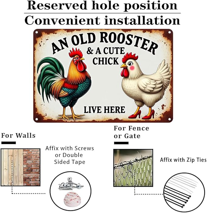 FunnySign Chicken Gifts Rooster Décor An Old Rooster & A Cute Chick Live Here Rustic Tin Sign For Home Farm Chicken Coop Decor 8x12 Inch (9713)