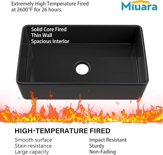 Miuara Black Farmhouse Sink 33 Inch - Large Apron Front Kitchen Sink Single Bowl 33"x18"x10", Undermount Installation, Farm House Style, Heavy Duty Solid Fireclay, Matte Black, for Kitchen