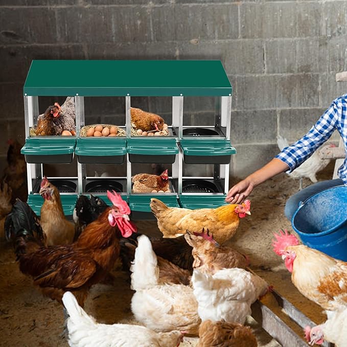 GarveeHome 2-Tier Chicken Nesting Box, 8 Compartment Metal Chicken Laying Boxes with Waterproof Roof ＆ Removable Trays for Hens, Poultry，Easy Egg Collection