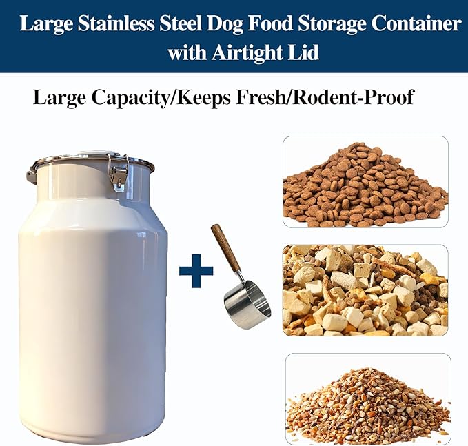25 Lbs Stainless Steel Dog Food Storage Container with Scoop, Large Metal Dog Food Bin with Airtight Lid & Locking Clamp, Pet Treat Jars for Dogs & Cats, Keep Fresh
