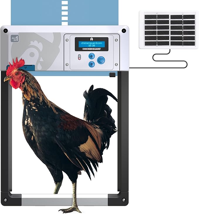 Automatic Chicken Coop Door Opener, ChickenGuard One in All 4 Colours, Timer/Light Sensing, Winter Mode, Auto-Stop & Predator Proof, 3 Power Options, Solar, Battery or Electric (Blue + Solar Kit)