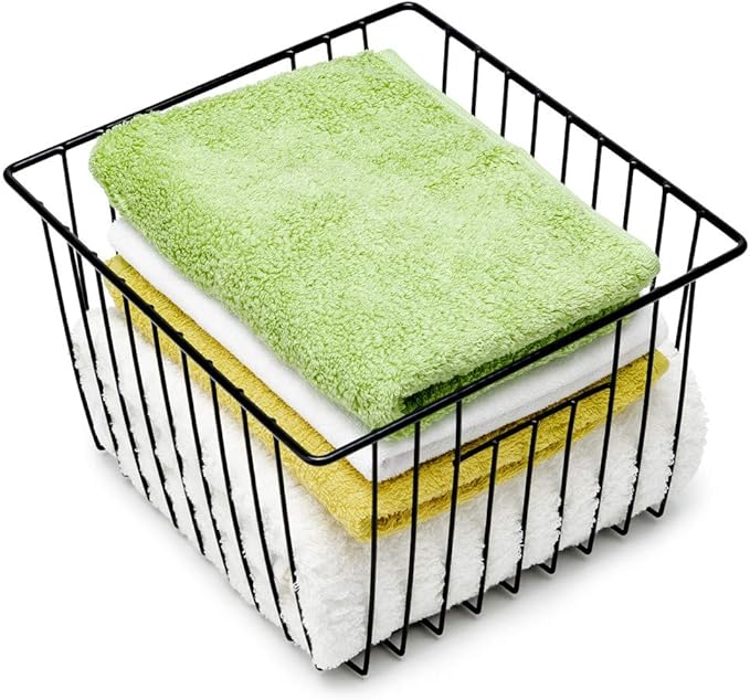 SANNO Black Closet Baskets Freezer Baskets Pantry Storage Wire Basket,Wire Basket Farmhouse Storage Organizer, Metal Household Storage Organizer Bin for Pantry Shelf Kitchen Cabinet Bathroom Black